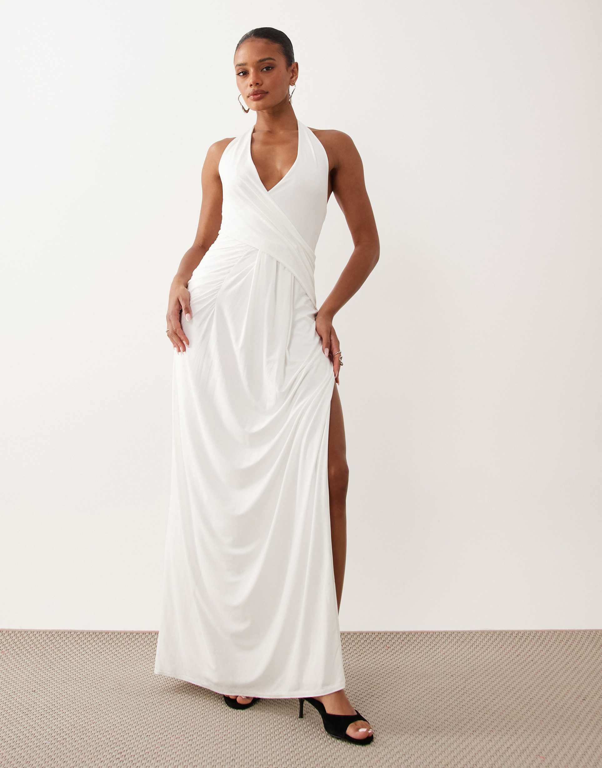 missy empire halterneck wrap drape front detail maxi dress in white