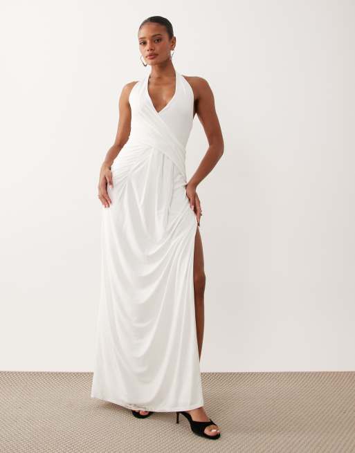 Missy Empire halterneck wrap drape front detail maxi dress in white | ASOS