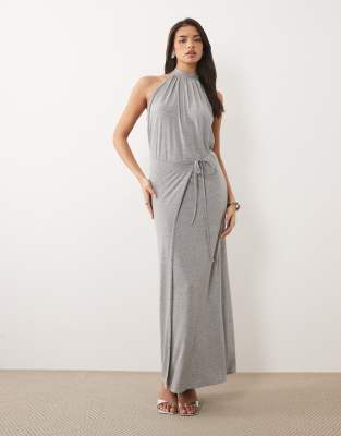 Missyempire Missy Empire High Neck Wrap Tie Waist Detail Maxi Dress In Gray