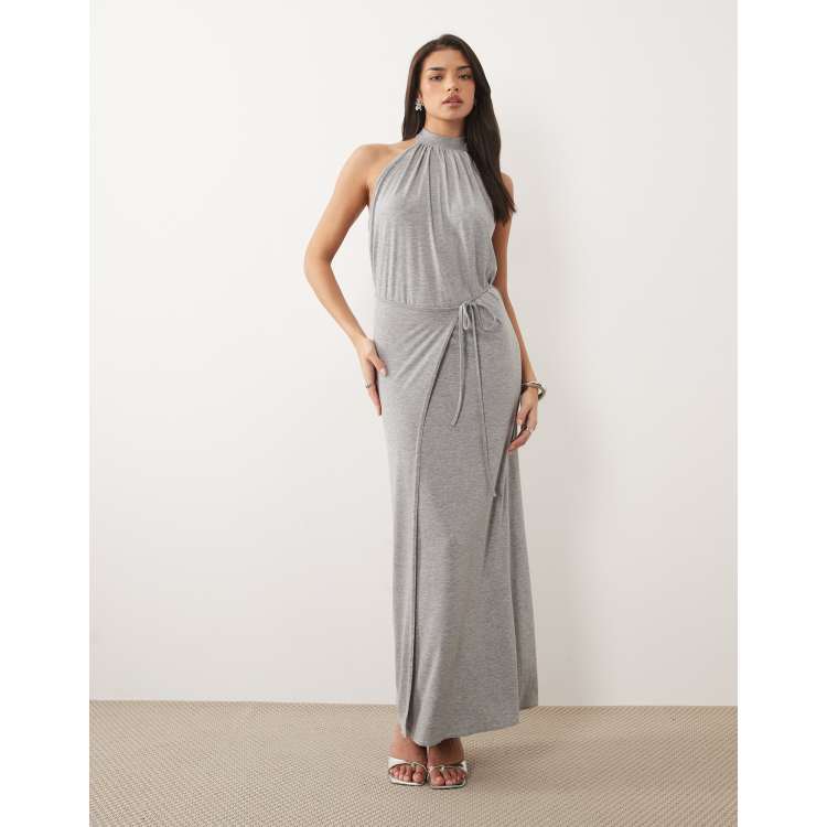 grey empire waist dress Women's Empire Line With Cuff Satin Wrap Dress Grey 2XL