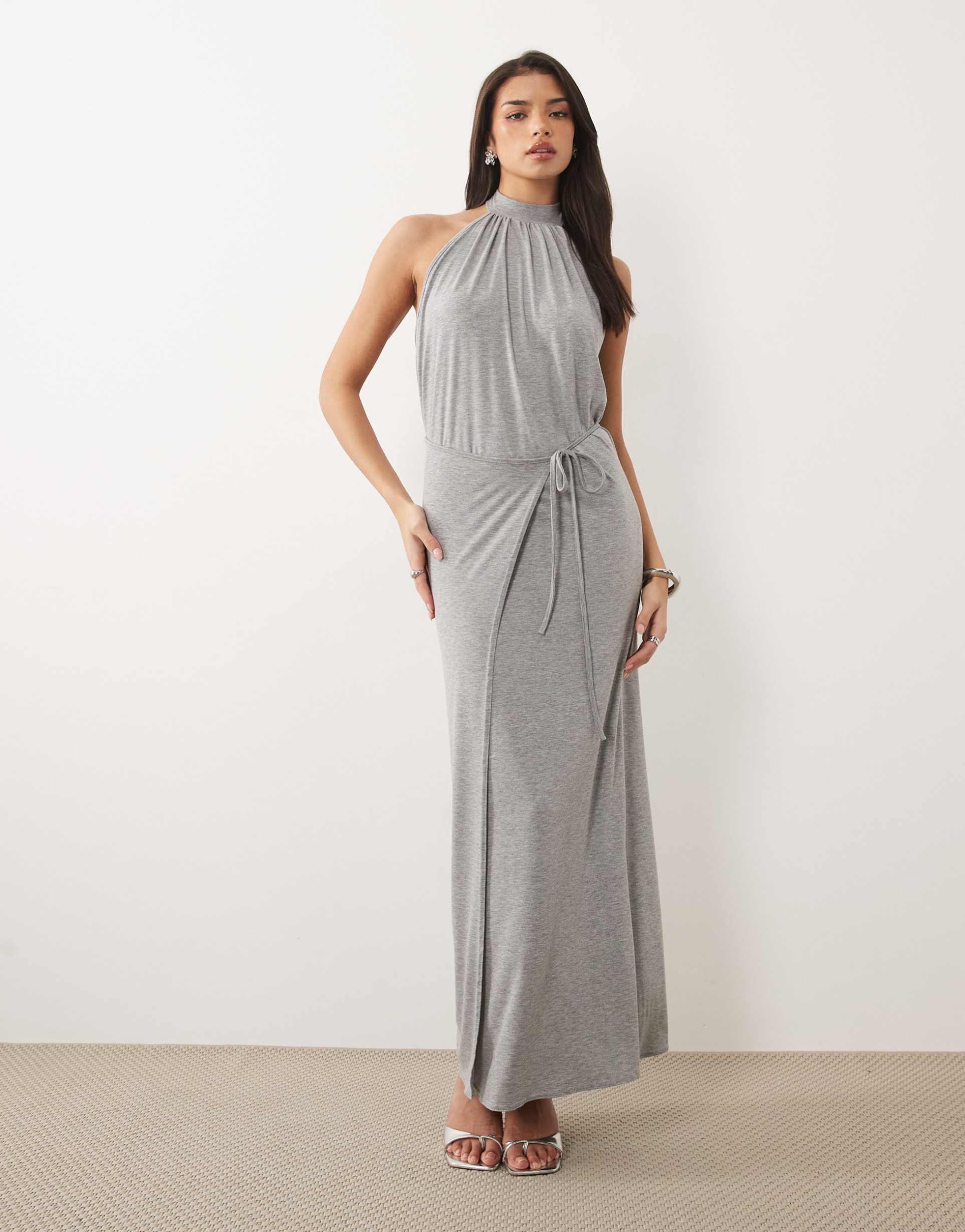missy empire high neck wrap tie waist detail maxi dress in gray