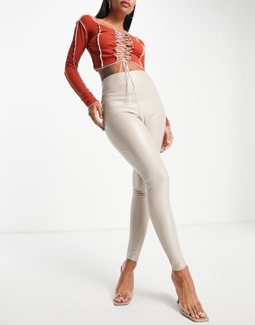 Missy Empire high waist leather look legging in ecru