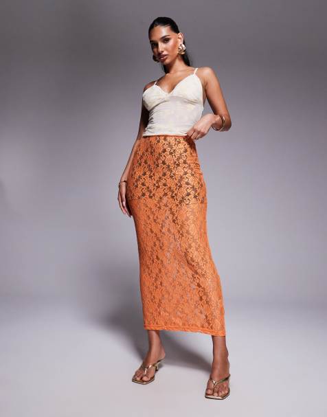 Missy Empire high waisted floral lace maxi skirt in orange - view 1