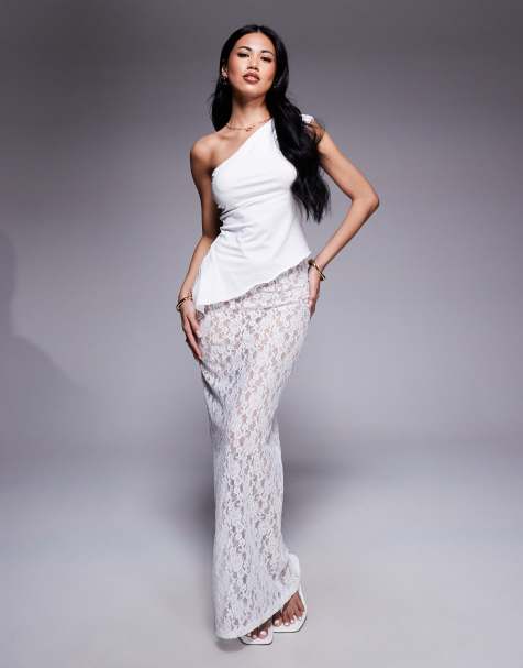 Missy Empire high waisted floral lace maxi skirt in white - view 1