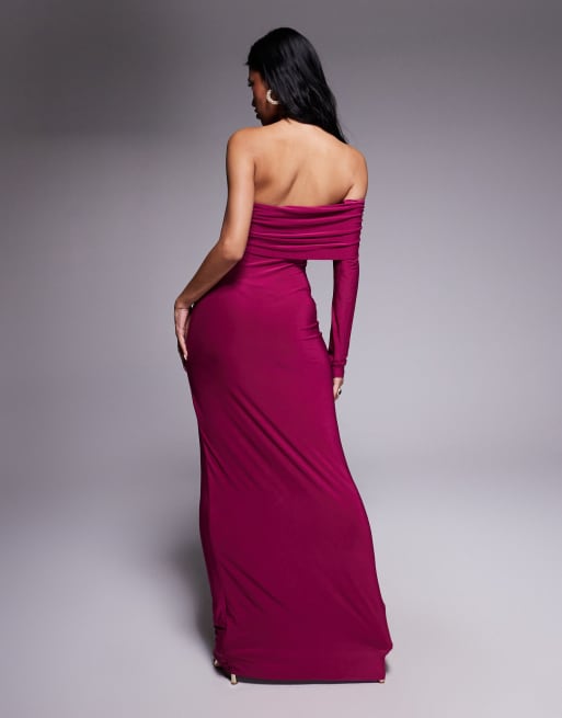 Missy Empire - Hindbærrød asymmetrisk oneshoulder-maxikjole med meshpanel i tætsiddende dobbeltformgivende stof, 2 af 4