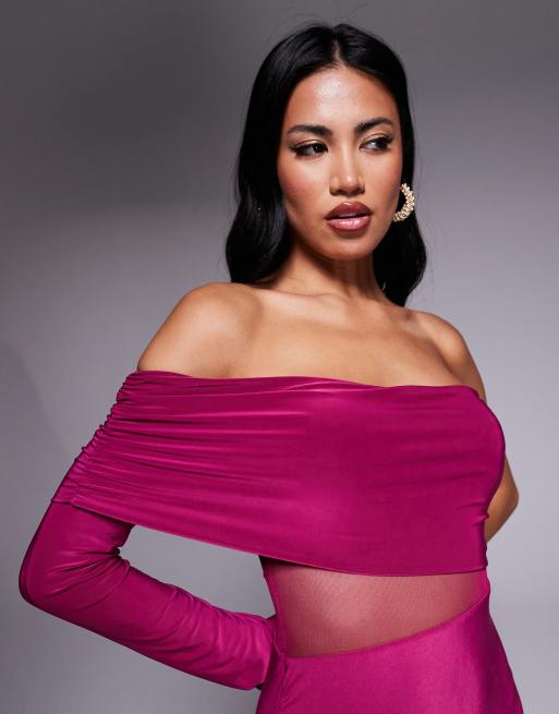 Missy Empire - Hindbærrød asymmetrisk oneshoulder-maxikjole med meshpanel i tætsiddende dobbeltformgivende stof, 3 af 4