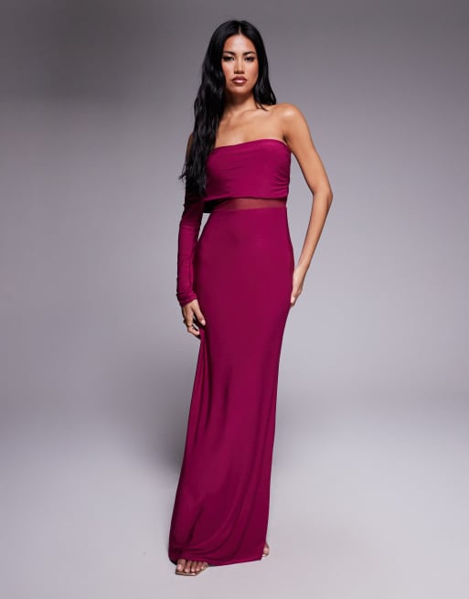 Missy Empire - Hindbærrød asymmetrisk oneshoulder-maxikjole med meshpanel i tætsiddende dobbeltformgivende stof, 4 af 4