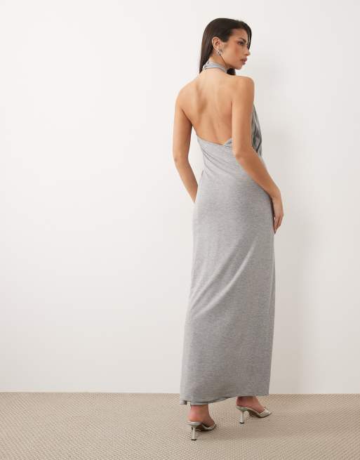 Missy Empire - Hoogsluitende maxi jurk met overslag en gestrikte taille in grijs, 3 van 4