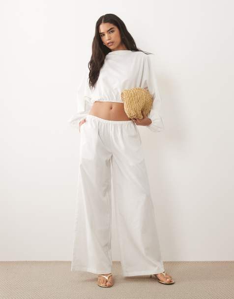 Missy Empire - Hvidt sæt med croptop med voluminøse ballonærmer og bukser i hørblanding - view 1