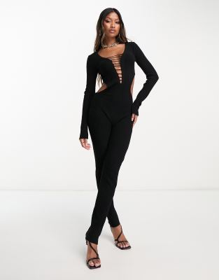 Missy Empire - Jumpsuit aus schwarzem Stick mit Gitterdetail und Rückenausschnitt-Black