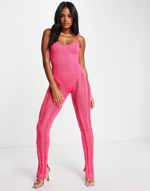 Missy Empire - Jumpsuit met opengewerkte details in felroze