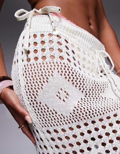 Missy Empire - Jupe longue de plage nouée à la taille en maille crochetée ajourée - Crème, 5 de 5