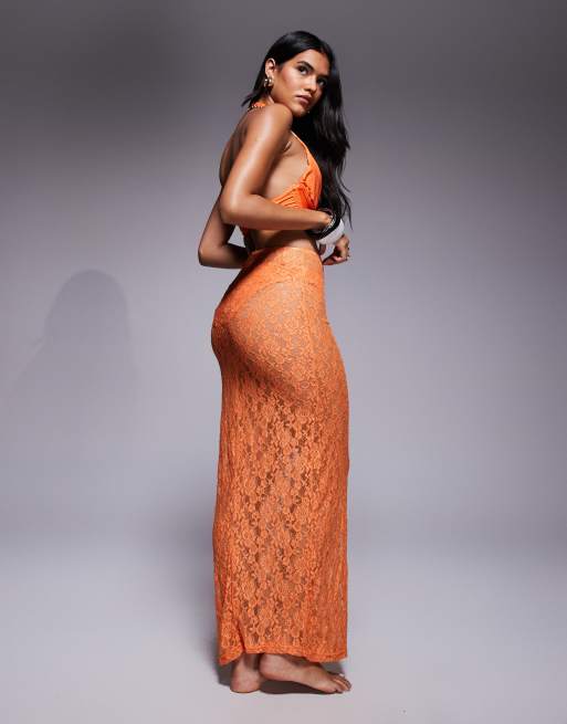 Missy Empire - Jupe longue taille haute en dentelle fleurie - Orange, 3 de 5
