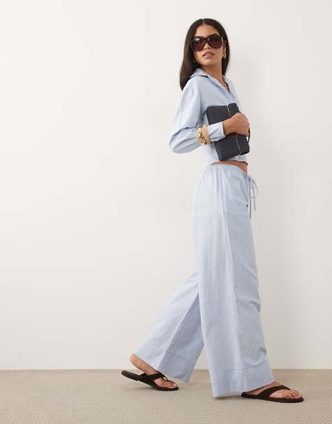 Missy Empire - Katoenrijke broek met wijde pijpen en gestrikte taille in blauw met krijtstreep, deel van co-ord set - view 1
