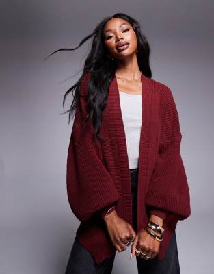 Missy Empire knit pocket detail cardigan in burgundy-Red