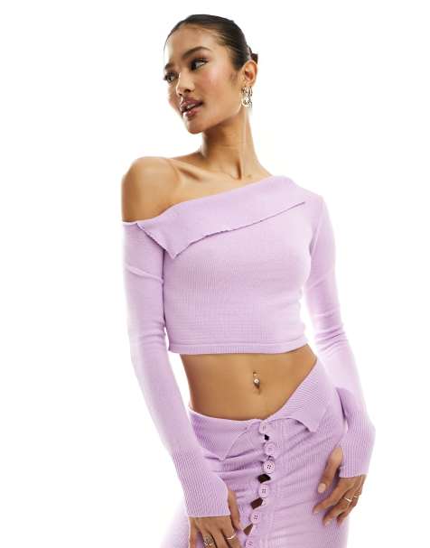 Missy Empire knitted asymmetric long sleeve top in lilac (part of a set) - view 1
