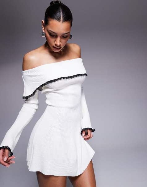 Missy Empire knitted bardot fold over lace trim mini dress in white - view 1