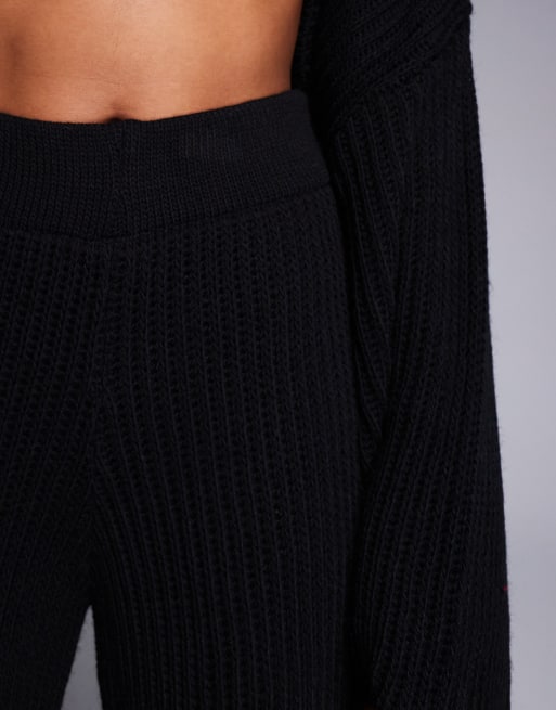 chunky knit missy empire black cardigan Missy Empire knitted button down cardigan and pants full set in black