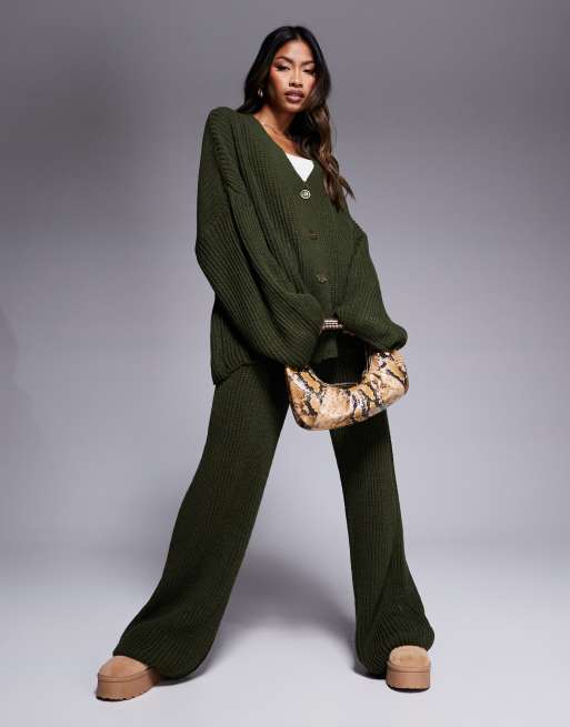 Missy Empire knitted button down cardigan and pants full set in khaki