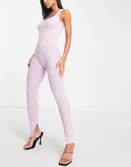 Missy Empire knitted open back jumpsuit in lilac