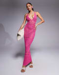 [Missyempire] Missy Empire knitted plunge cross tie back detail maxi beach dress in pink-Purple S Hot pink