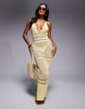 [Missyempire] Missy Empire knitted plunge cross tie back detail maxi beach dress in yellow S YELLOW