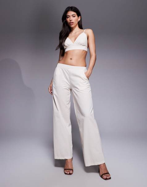 Missyempire linen look elasticated waist wide leg trousers co-ord in cream 
