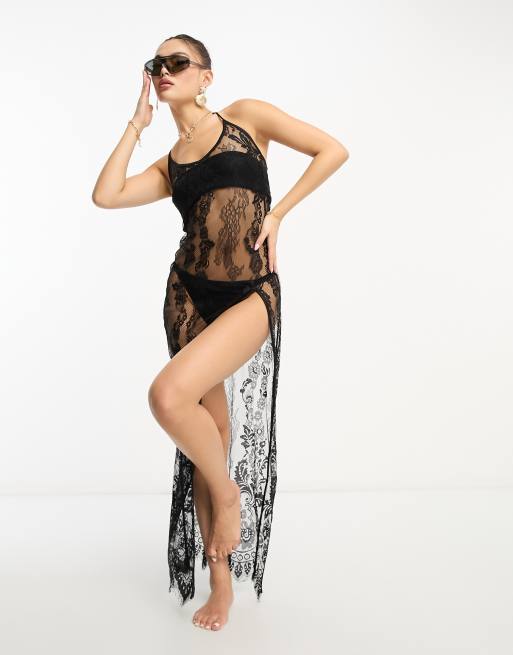 Missy Empire lace thigh split beach maxi dress in black