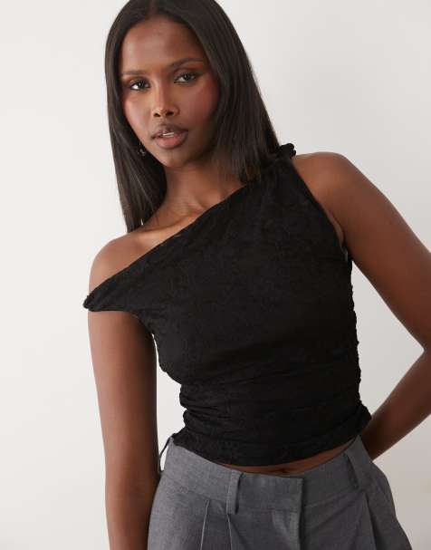 Missy Empire lace twist off shoulder top in black - view 1