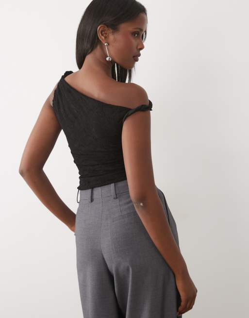 Missy Empire lace twist off shoulder top in black, 2 of 4