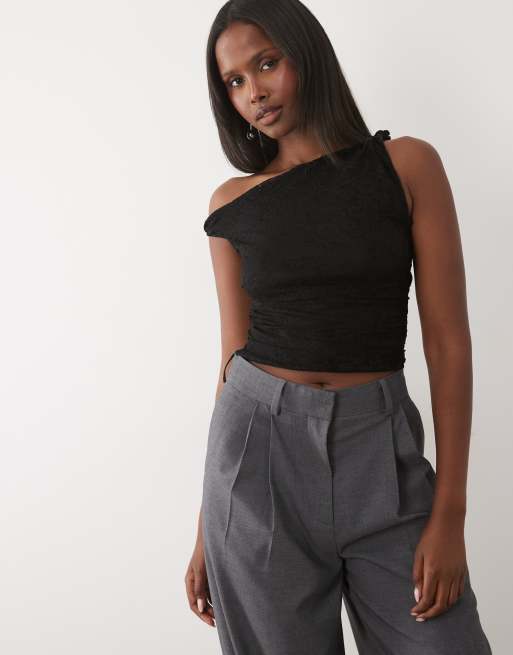 Missy Empire lace twist off shoulder top in black, 3 of 4