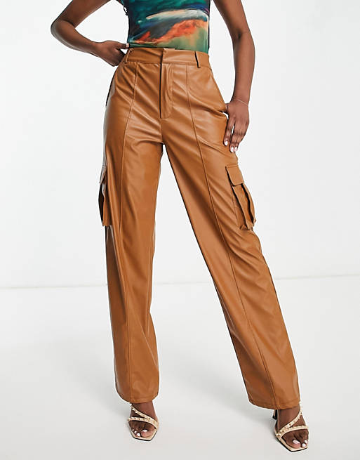 Missy Empire leather look pocket detail pants in camel (part of a set)