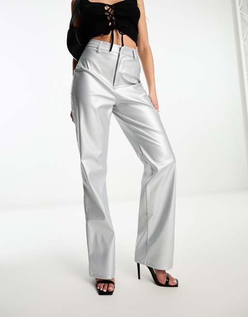 Missy Empire leather look straight leg pants in silver | ASOS