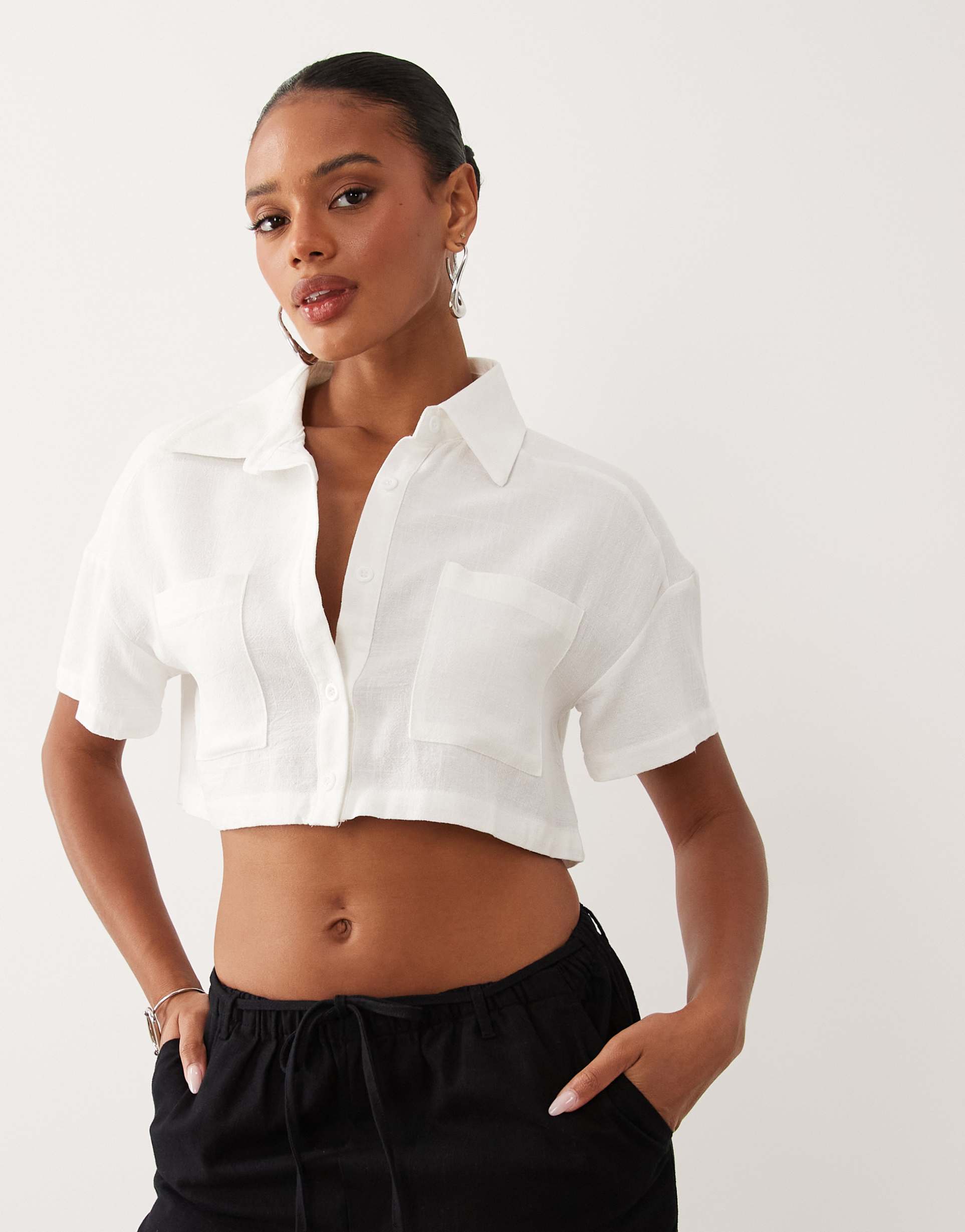 missy empire linen blend pocket front oversized sleeve cropped shirt in white