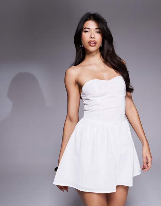 Missy Empire linen look bandeau sweetheart neckline mini skater dress in white
