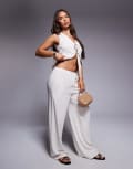 [Missyempire] Missy Empire linen look drawstring waist wide leg pants in cream (part of a set)-White 36 CREAM