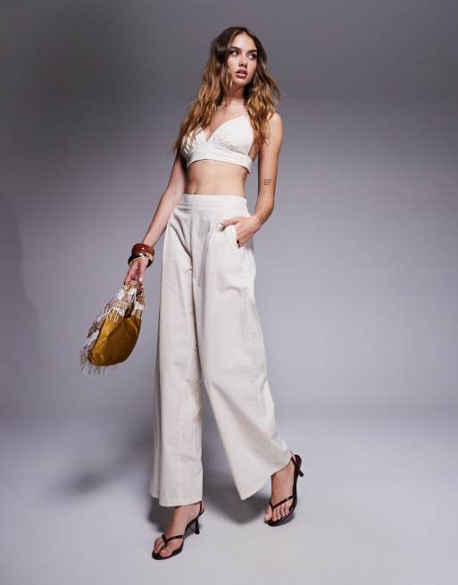 Missy Empire linen look elasticated waist wide leg pants in cream (part of a set) 