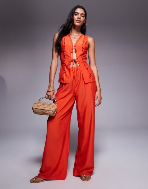Missy Empire linen look ruffle trim tie front top and wide leg pants set in orange - view 1