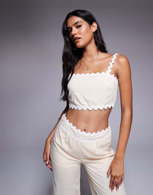Missy Empire linen-look scallop edge square neck top in beige (Part of a set)