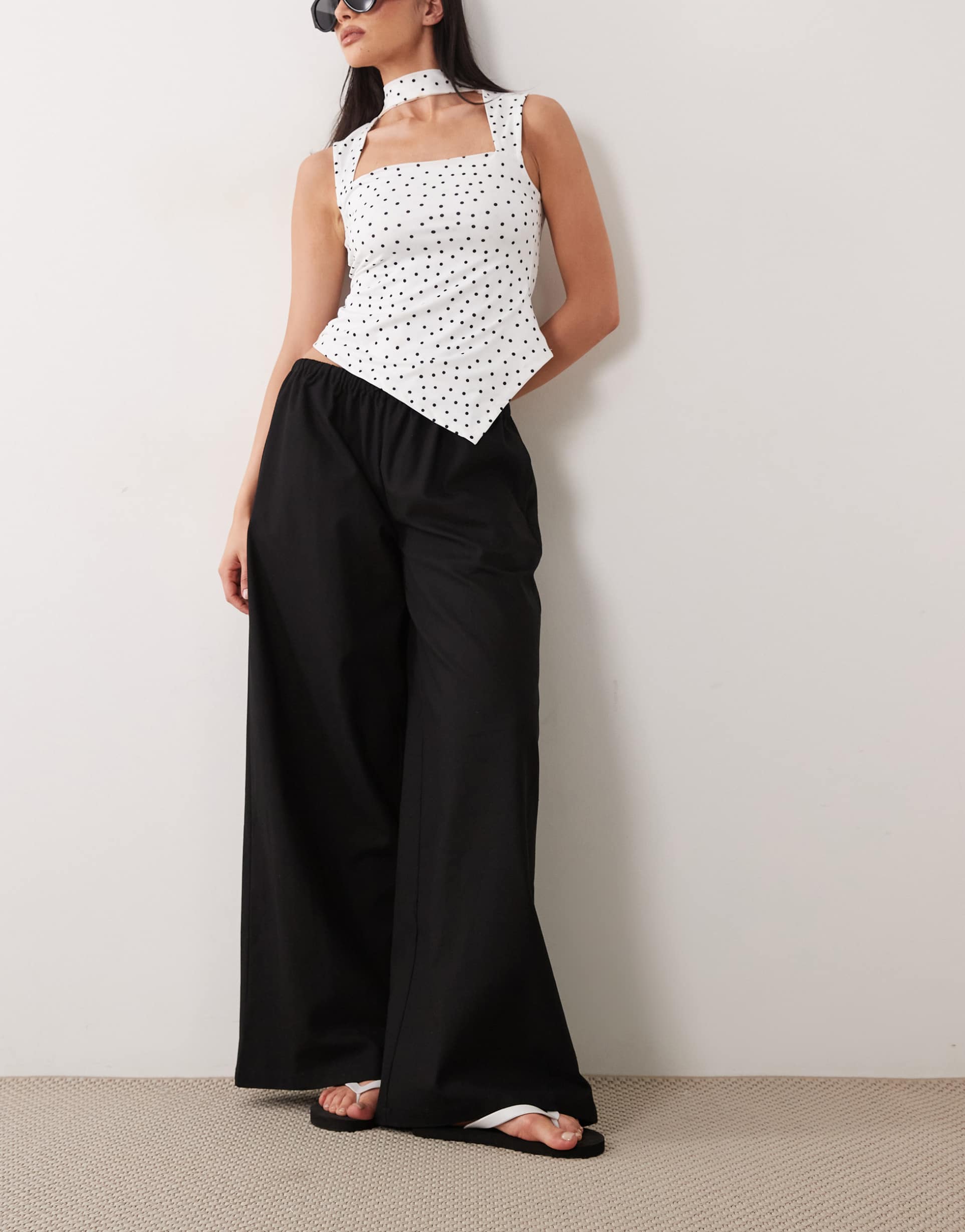 missy empire linen look tie waist wide leg pants in black