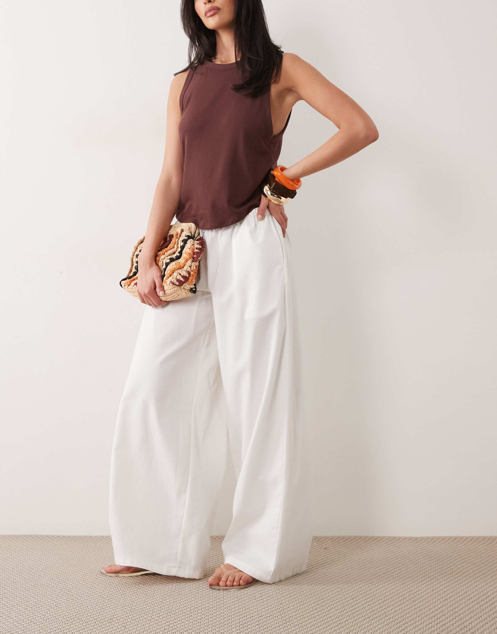 missy empire linen look tie waist wide leg pants in white