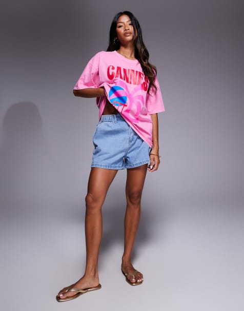 Missy Empire – Ljusblå jeansshorts med elastisk, hög paper bag-midja - view 1