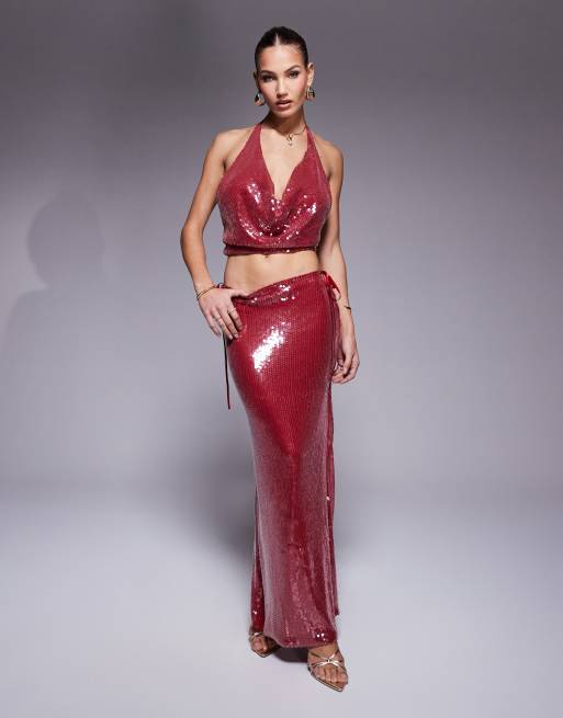 Missy Empire low rise maxi skirt in burgundy glazed sequin (part of a set)