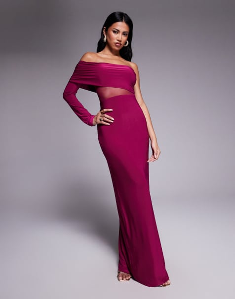 Missyempire double sculpted slinky asymmetric one shoulder mesh panel maxi dress in raspberry