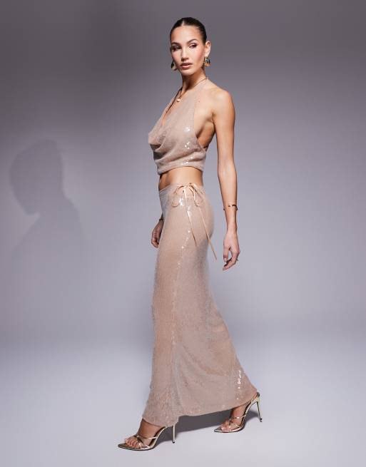 Missy Empire - Maxi rok met lage taille en lovertjes in crème, deel van co-ord set