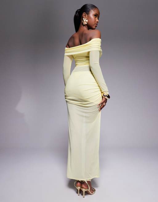 Missy Empire – Maxikleid in Gelb mit Carmen-Ausschnitt und Netzstoffeinsatz, 2 von 4