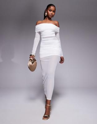 Missy Empire - Maxikleid in Weiß mit Carmen-Ausschnitt und Netzstoffeinsatz