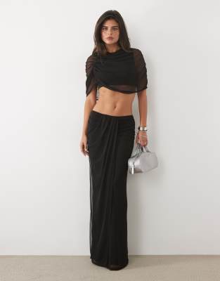 スカート FLA REUP Draped Mesh Layered Long Skirt Missy Empire mesh overlay drape detail maxi skirt in black - part