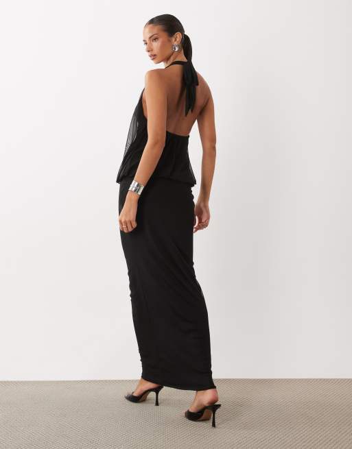 Missy Empire mesh overlay drape front halterneck maxi dress in black, 4 of 4