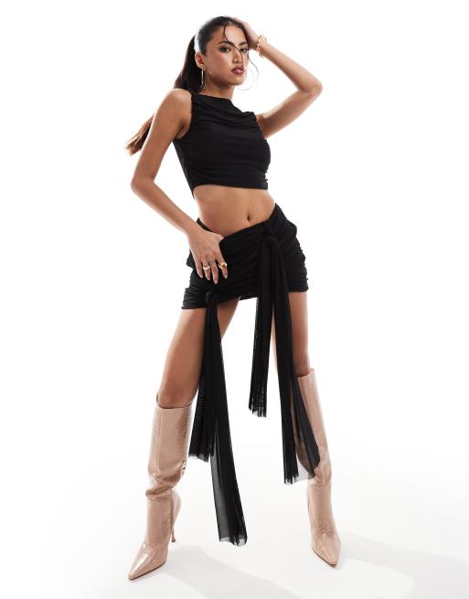 Missy Empire mesh racerneck sleeveless crop top and drape knot detail mini skirt set in black